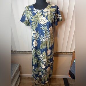 Island Vintage Floral Cotton Hawaiian Dress Blue Green Maxi Size Medium